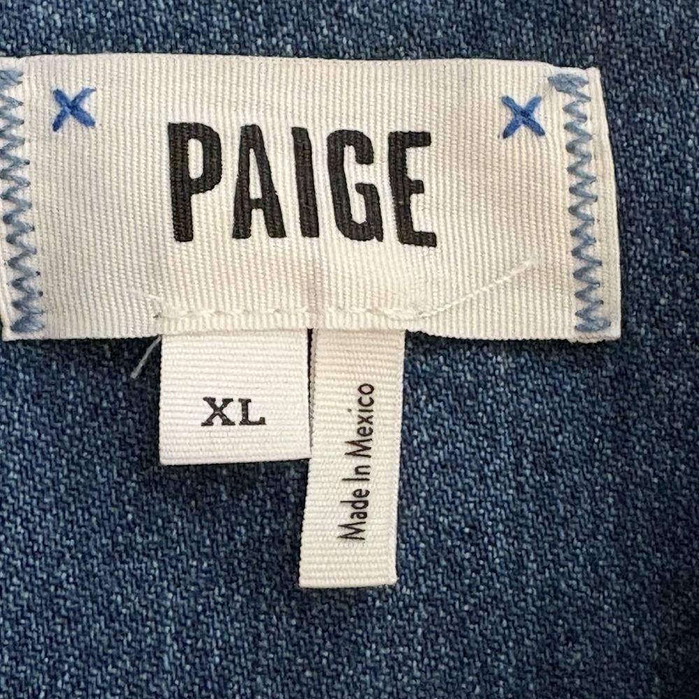 PAIGE Alamar Distressed Jean Jacket Womens XL Blue Denim Stretch Button Front - Picture 5 of 14